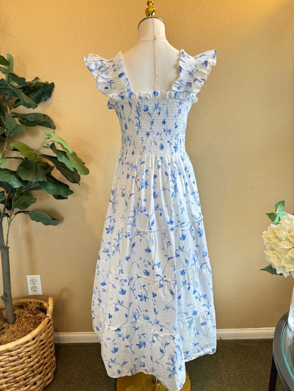 Hill House The Ellie Nap Dress Women’s L Blue Botanical Floral Midi Smocked - Picture 7 of 12